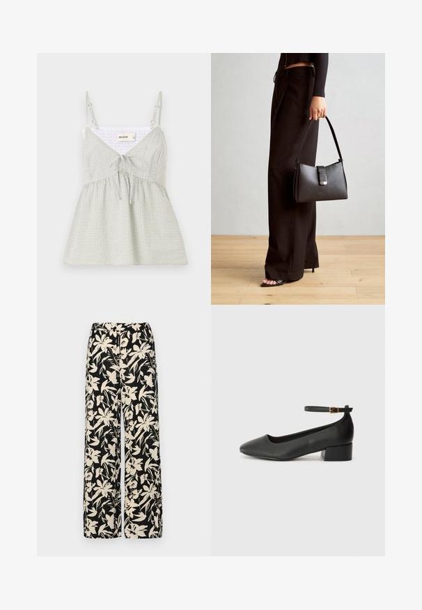 Žalias ir baltas gingham tankų su reguliuojamomis petnešomis, V formos iškirpte ir rišamuoju akcentu liemens vietoje; prigludusi viršutinė dalis ir išplatėjanti apačia.; Juodos plačios kojos kelnės su grietinėlės spalvos gėlių raštu. Pagamintos iš lengvos medžiagos, pasižyminčios lygiapass viršutine tekstūra ir aukštu liemeniu.; Juodas odinis aukštakulnis batelis su smailiu pirštu ir žemu bloku. Su kulkšnies dirželiu su auksinės spalvos sagtimi. Lygus paviršius.; Juodas rankinė struktūrizuota forma, lygi tekstūra ir metalinis užsegimas. Suporuota su plačiomis juodomis kelnėmis ir atvirais bateliais ant medinių grindų.