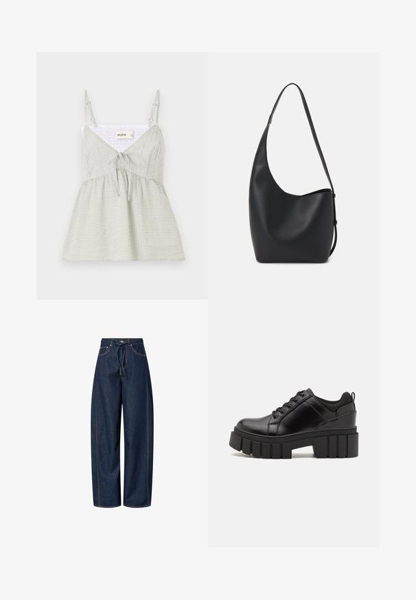 Žalias ir baltas gingham tankų su reguliuojamomis petnešomis, V formos iškirpte ir rišamuoju akcentu liemens vietoje; prigludusi viršutinė dalis ir išplatėjanti apačia.; Tamsiai mėlynos plačios kojos džinsai su raišteliu juosmenyje, kontrastingais siūlais ir dviem priekinėmis kišenėmis. Lygus paviršius, laisvas pjūvis.; Juodi odiniai platformos batai su masyviu blokuota kulniuku, apvalia nosimi ir tradiciniu šnypštimo dizainu. Turintys glotnų paviršių ir minimalų dekoravimą.; Juodas odinis hobo maišas su lygiu paviršiumi, kreipta forma ir viena reguliuojama rankena; turi platų atidarymą viršuje.
