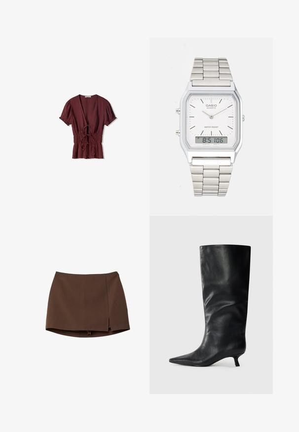 Top corto bordeaux a maniche corte con scollatura a V profonda, vita arricciata con lacci e tessuto leggermente testurizzato. Orlo svasato con dettagli volant.; Minigonna marrone realizzata in tessuto liscio, con spacco frontale, linee pulite e vestibilità strutturata. Senza tasche o dettagli hardware evidenti.; Stivale in pelle nera alto fino al ginocchio con punta affilata e tacco kitten basso, esposto su uno sfondo chiaro e semplice.; Orologio in acciaio inossidabile argentato con cassa quadrata, quadrante bianco, display analogico e digitale, e bracciale a maglie metalliche. Design impermeabile.