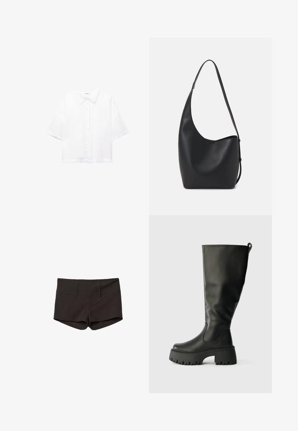 Weißes kurzärmeliges Hemd aus Baumwolle mit einem klassischen Kragen, vorderem Knopfverschluss und einem lockeren Schnitt. Glatte Textur ohne Muster.; Schwarze Baumwollshorts mit tailliertem Design, das eine glatte Textur und zwei Fronttaschen aufweist. Mittelhoher Bund ohne auffällige Muster.; Knöchelhöhe schwarze Gummistiefel mit einer grob profilierten Sohle, glatter Oberfläche und einem Zugtab hinten für leichteres Anziehen. Rund gespitzte Form.; Schwarze Leder-Hobo-Tasche mit einer glatten Textur, geschwungener Form und einem einzelnen verstellbaren Tragegurt; verfügt über eine weite Öffnung am oberen Ende.