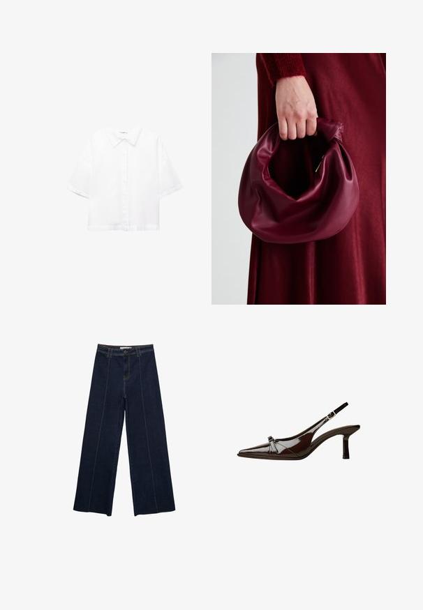 Biela krátkozraká košeľa vyrobená z bavlny s klasickým golierom, predným zapínaním na gombíky a uvoľneným strihom. Hladká textúra bez vzorov.; Široké nohavice z tmavého denim materiálu s kontrastným prešívaním, vysokým pásom a rovnym strihom. Obsahujú predné vrecká a klasické zapínanie na gombík.; Hnedá laková slingback obuv s špicatou špičkou, nízkym opätkom a dekoratívnou mašľou vpredu. Hladká, lesklá štruktúra.; Burgundská kožená kabelka s mäkkým, zhromaždeným dizajnom a zaobleným tvarom. Rukoväť je pevne zaisťujúca a vystavuje hladkú textúru.