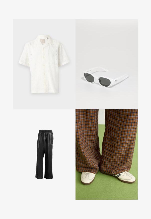 Lühikeste varrukatega valge särg, mis on valmistatud tekstureeritud puuvillast ja millel on lilleline silmadega muster, nööbid ees ja krae.; Mustad sünteetilised spordipüksid mustas värvuses, elastse vöökohaga, valgete külgmiste triipudega ja vasakul puusal väikese valge logoga.; Pruunide ja siniste ruuduliste laiad püksid, mille juurde on kombineeritud valged kingad mustade aktsentidega ja tekstuursete taldadega, roheline taust.; Valged prillid ümarate raamidega ja tumedate läätsedega. Omab siledat plastikutekstuuriga ja väikest logo tempel.