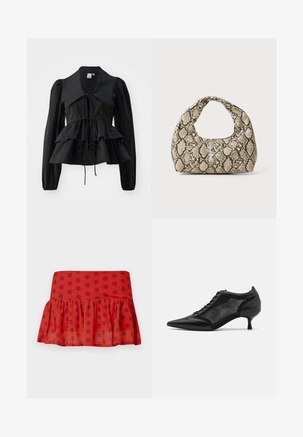 Top negru cu maneci lungi, cu o guler mare, cu cordon ajustabil la decolteu și o fustă peplum în straturi. Fabricat dintr-un material neted și ușor.; Fustă roșie cu volane și buline negre, confecționată dintr-un material ușor. Prezintă un tiv ajustat și un design stratificat.; Pantofii negri cu vârful ascuțit au un design din panouri de plasă, având un toc mic și șireturi în față. Sunt confecționați dintr-o combinație de piele și material din plasă.; Geantă cu imprimeu de șarpe, având un mâner curbat. Fabricată din materiale texturate, bej și maronii, cu un model distinctiv în formă de diamant.