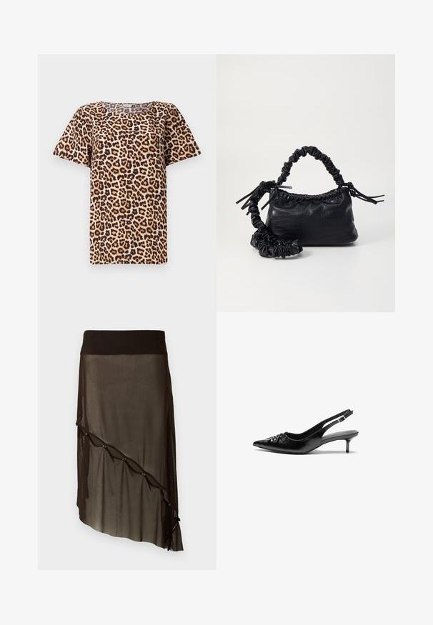 Zgornji del s kratkimi rokavi v leopardskem vzorcu z zaobljenim izrezom, izdelan iz mehkega materiala z bež ozadjem in črno-rjavimi pikami.; Črna mrežasta krila z slim pasom, asimetričnim robom, dekorativnimi gumbi spredaj in plasteh prozorne teksture.; Črne usnjene slingback pete z izostrenim nosom, majhno mačje peto in okrasno vozličasto podrobnostjo na sprednjem delu. Gladka tekstura po celotni površini.; Črna torbica iz umetnega usnja s krokodilovo teksturo, z zvitim vrhom in zmečkano naramico. Zdi se mehka in kompaktna v oblikovanju.