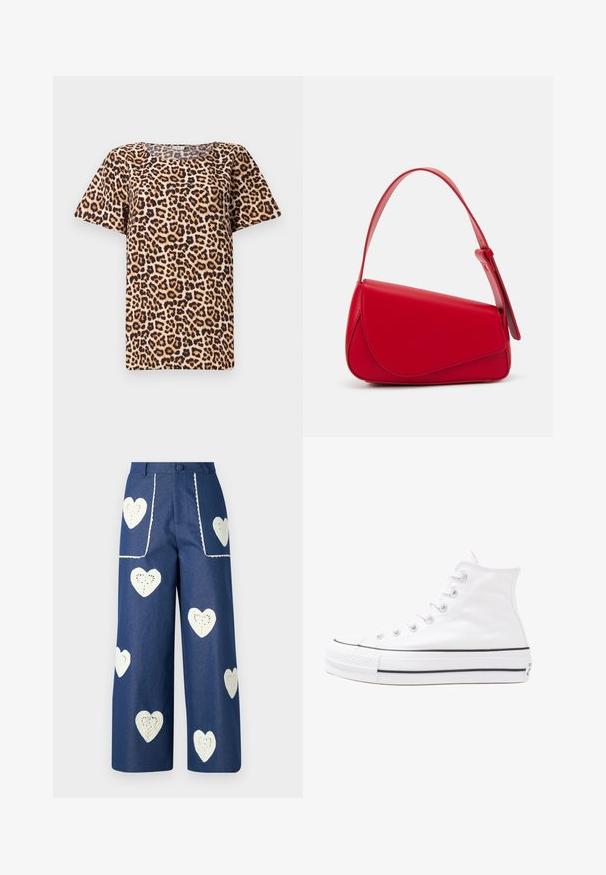 Top de manga curta com estampa de leopardo, apresentando um decote arredondado, feito de um tecido suave com um fundo bege e manchas castanho-pretas.; Sister Jane HEART TO HEART - Calças de ganga de perna direita - blue denim; Sapatilha alta de tela branca com sola de borracha preta, bico de borracha na frente e seis ilhós para os atacadores, apresentando um design limpo e minimalista.; Bolsa de mão em couro vermelho com um design angular e geométrico. Apresenta uma única alça ajustável e um fecho com aba, com detalhes cosidos.