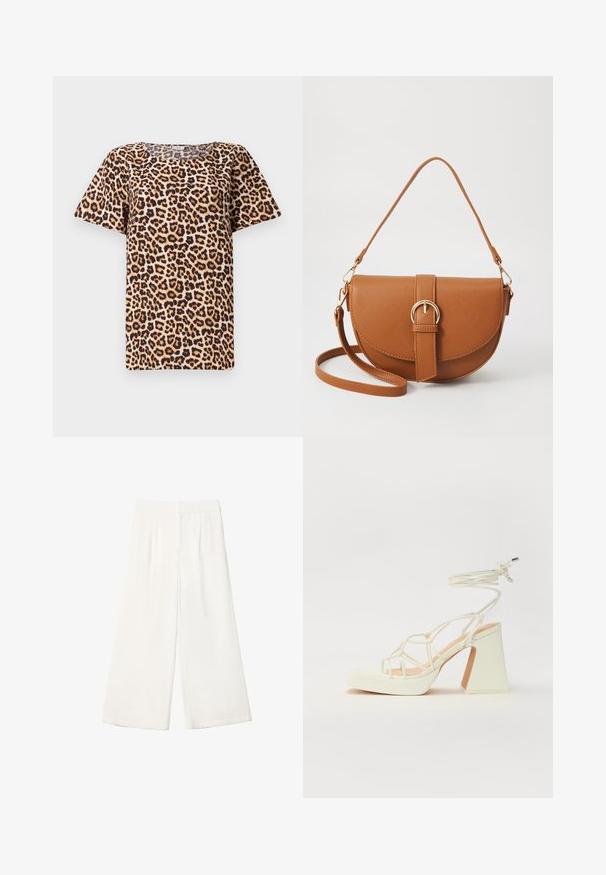Top a maniche corte con stampa leopardata, caratterizzato da un collo rotondo, realizzato in tessuto morbido con uno sfondo beige e macchie nero-marroni.; Pantaloni bianchi a gamba larga realizzati in un tessuto liscio. Presentano una vita piatta e pieghe verticali per un tocco di dettaglio in più.; Sandalo bianco con tacco alto, caratterizzato da un design a cinturini e un legaccio alla caviglia. Texture liscia con una piattaforma frontale per un'altezza aggiuntiva.; Borsa a tracolla in pelle marrone con forma curvata, hardware dorato e un dettaglio con fibbia. Presenta una tracolla rimovibile.