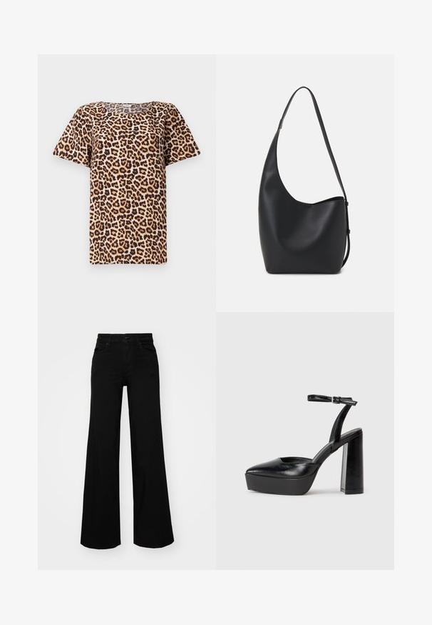 Zgornji del s kratkimi rokavi v leopardskem vzorcu z zaobljenim izrezom, izdelan iz mehkega materiala z bež ozadjem in črno-rjavimi pikami.; Črne široke denim hlače s strukturiranim pasom, z zankami za pas in sprednjimi žepi. Gladka tekstura s klasičnim dizajnom.; Črne platforme z visokimi petami in koničastim nosom ter nastavljivim gležnjenjskim trakom. Narejene iz gladke usnje, s kockasto peto.; Črna usnjena hobo torba z gladko teksturo, ukrivljeno obliko in eno nastavljivo naramnico; ima širok odprtina na vrhu.