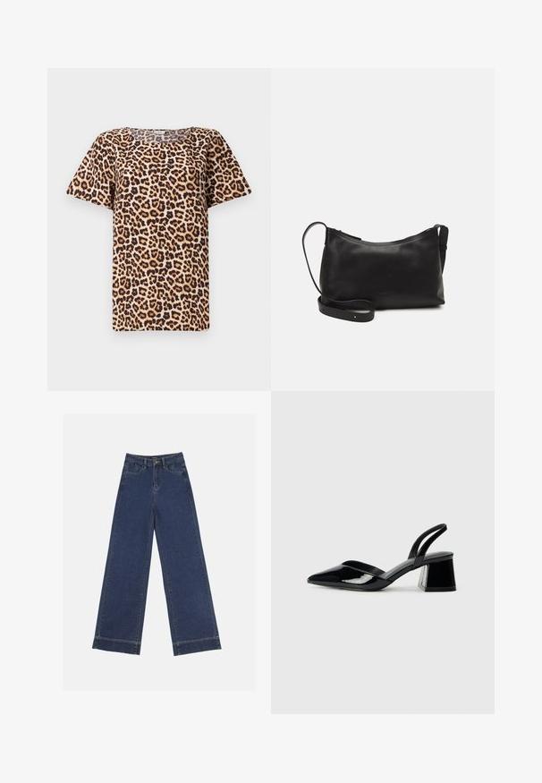 Zgornji del s kratkimi rokavi v leopardskem vzorcu z zaobljenim izrezom, izdelan iz mehkega materiala z bež ozadjem in črno-rjavimi pikami.; Široke traperice v temno modrem denimu. Imajo pet žepov, zanke za pas in surov rob na dnu z vidnimi šivi.; Črne lakirane slingback pete s koničastim nosom in geometrijsko blokasto peto. Imajo eleganten, minimalističen dizajn in gladko teksturo.; Črna usnjena torba čez ramo z gladko teksturo, ukrivljeno obliko, nastavljivim trakom in zadrgo. Minimalističen dizajn brez okrasnih detajlov.