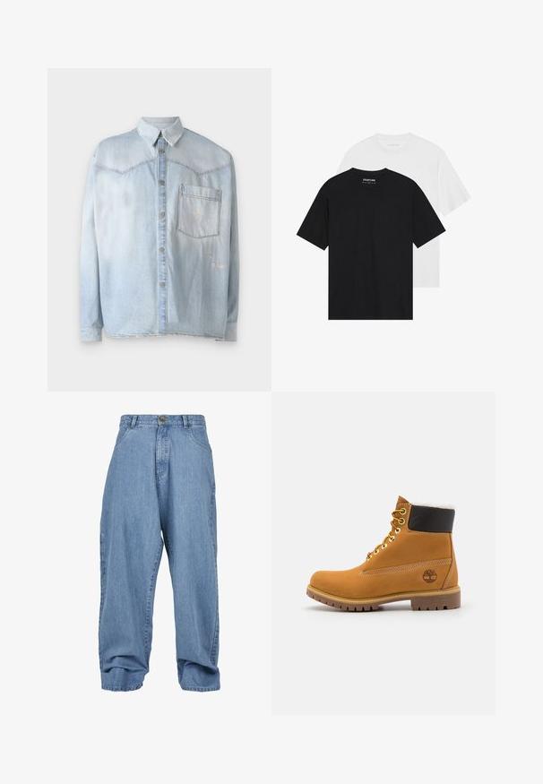 Světle modrá džínsová košile s knoflíkovým zapínáním, klasickým límcem a jednou náprsní kapsou. Na látce jsou viditelné opotřebované detaily.; Dvě trička, jedno černé a jedno bílé, s krátkými rukávy, kulatým výstřihem a hladkým bavlněným povrchem. Značka je viditelná uvnitř.; Světle modré džíny s volným střihem, zapínáním na knoflíky, předními kapsami a ohrnutým lemem, s klasickým designem pěti kapes.; Hnědá kožená kotníková bota s kovovými očka, bílou kožešinovou podšívkou, černým polstrovaným límcem, robustní podrážkou a raženým logem na boku.