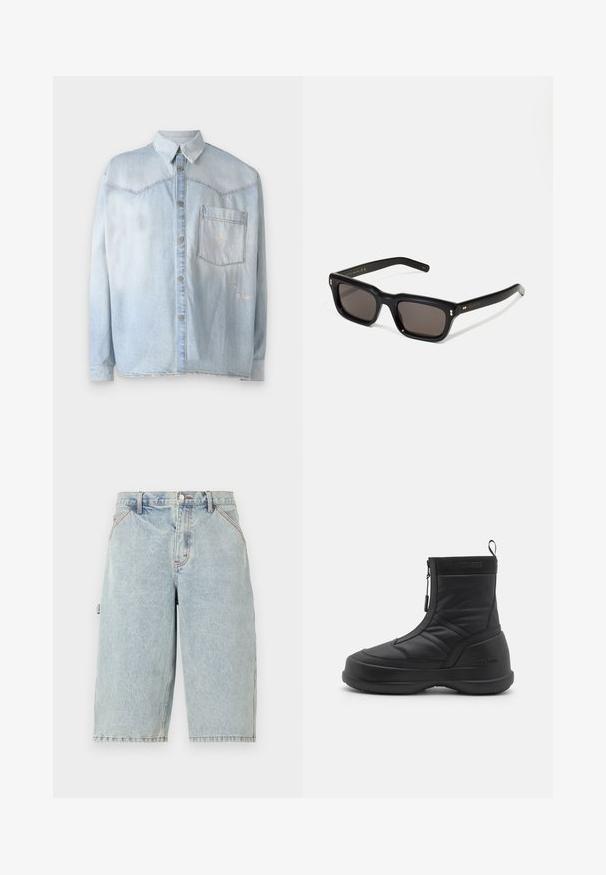 Helehall denim särk, koos nuppe alla, klassikalise krae ja ühe rinnataskuga. Kangas on nähtavad kulunud aktsendid.; Noon Goons RUNAWAY - Lühikesed teksad - washed blue; Mustam veekindel talveking, millel on siledast sünteetilisest materjalist ülemine osa, tõmbluku sulgemine, pehmendatud kaelus ja tekstuuriga kummitald. Rõhutatud "MOON BOOT" brändingu kaudu.; Mustad mustakorruselised prillid tumedate läätsedega, paks plastikraam, kuldsed aksendid templites ning kaubamärgi logo graveeritud käe lilla.