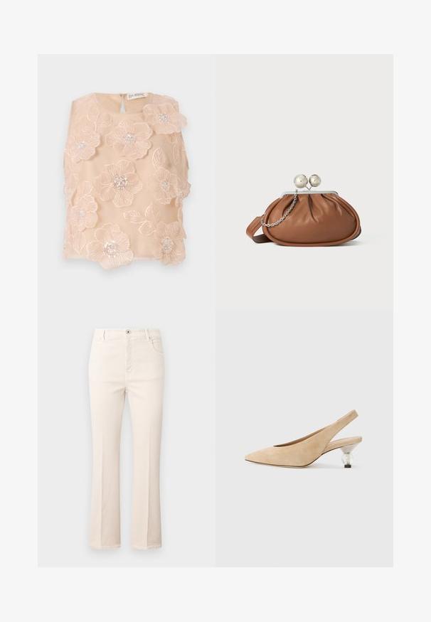 Top bordado floral en suave tejido melocotón, con flores en 3D y centros de cuentas, y un cierre de espalda con ojales. Textura suave.; Jeans beige acampanados de algodón, con cintura alta, cinco bolsillos, cierre de botón y detalles de costura sutiles.; Zapato tipo slingback de ante beige con punta afilada y tacón redondeado transparente. Textura suave y diseño minimalista.; Bolso de mano de cuero marrón con cierre de bola plateada y un pequeño detalle de cadena plateada sobre un fondo blanco.
