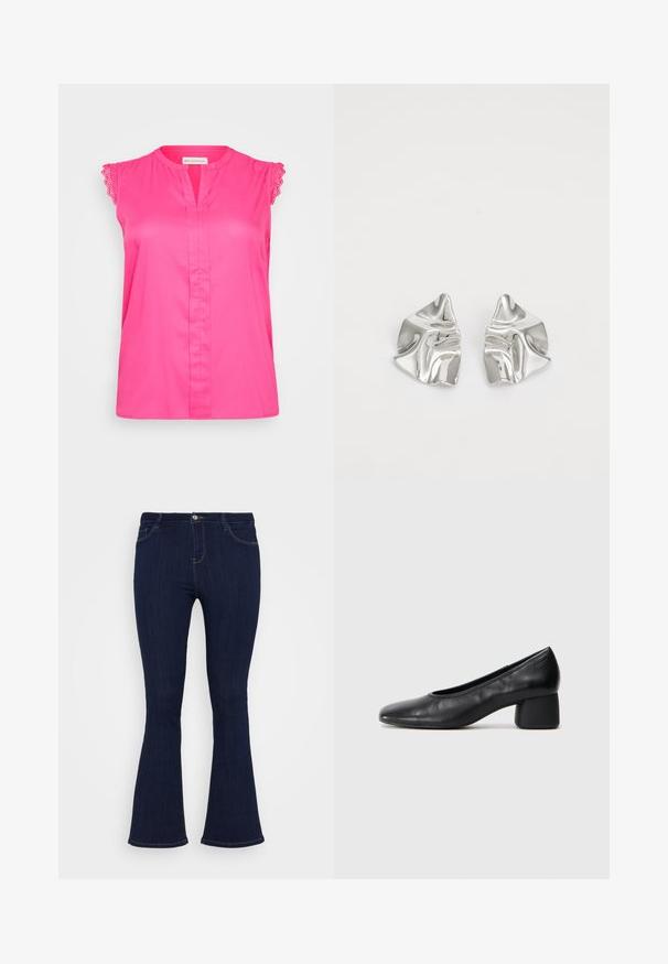 Bluză fără mâneci, roz, cu dantelă pe umeri, care prezintă un placket în față și o croială lejeră. Material neted, de culoare solidă, fără modele.; Jeans din denim de culoare albastru închis, cu talie înaltă, ajustate pe coapsă și ușor evazate la fund, având buzunare frontale și închidere cu nasture.; Pantofii din piele neagră au un vârf rotund și un toc de tip bloc de înălțime medie. Au o textură netedă, cu detalii minime, având o deschidere elastică subtilă.; Cercei din metal argintiu cu un design sculptural ondulat, prezentând o finisare lucioasă și forme neregulate, evidențiind o estetică contemporană.