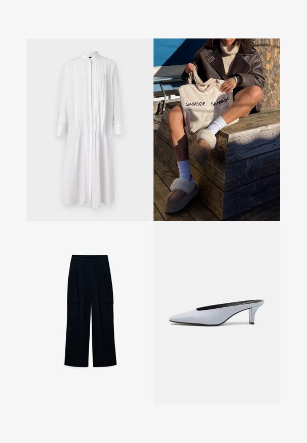 Balta ilgomis rankovėmis marškinių suknelė su klostuotu priekiu ir mygtukų užsegimu, pagaminta iš lygaus audinio. Minimalistinis dizainas.; Plati kojinės, aukšti juosmeniu, tamsiai mėlynos spalvos audinio. Su klostėmis ir dviem šoninėmis kargo kišenėmis. Lygi tekstūra su tvarkingu dizainu.; Šviesiai mėlynos patentinės odos mules su smailiu priekiu, žemu permatomu kulnu ir stilingu dizainu, turinčiu išpjovą priekyje.; Šviesiai rudos spalvos rankinė su užrašu "SAMSOE" du kartus, šviesiai rudi šlepetės su baltu kailiu, baltos kojinės ir ruda avikailio striukė ant medinio paviršiaus.