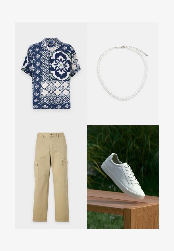 Lyhythihainen paita tummansinisellä pohjalla, jossa on kukka- ja geometrisia kuvioita. Tässä paidassa on napitus, pehmeä kangas sekä kontrastivärit vihreä ja valkoinen.; Beige cargo-housut, jotka on valmistettu puuvillasta, ja niissä on kaksi sivutaskua, napp Closure ja suorat lahkeet, joissa on hieman teksturoitu kangas.; Valkoiset nauhalla kiinnitettävät lenkkarit leijuvat puupenkillä, taustalla vihreää kasvillisuutta, tuoden esiin kengän muotoilua ja pintarakennetta.; Valkoinen helminauha, jossa on tasainen pyöreä muoto, sileä pinta ja metallisolki, jossa on pidennysketju säädettävää pituutta varten.