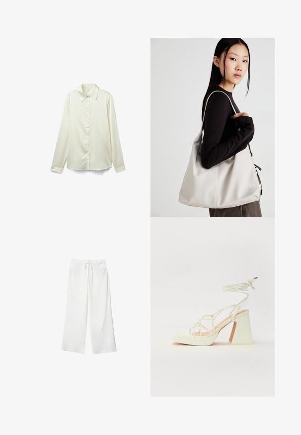 Kremowa bluzka z długim rękawem, wykonana z błyszczącego materiału. Posiada klasyczny kołnierzyk, listwę guzikową oraz lekko zaokrąglony dół.; Białe spodnie szerokie z miękkiego materiału, z elastycznym pasem i dwoma przednimi kieszeniami. Gładka tekstura i brak widocznych wzorów.; Biała sandał na wysokim obcasie z masywnym słupkiem, z paskowym wzorem i wiązaniem przy kostce. Gładka faktura z platformą z przodu dla dodatkowej wysokości.; Beżowa torebka wykonana z miękkiego materiału, charakteryzująca się luźnym fasonem, wyszywanymi detalami i dwoma uchwytami na ramię. Idealna na co dzień.