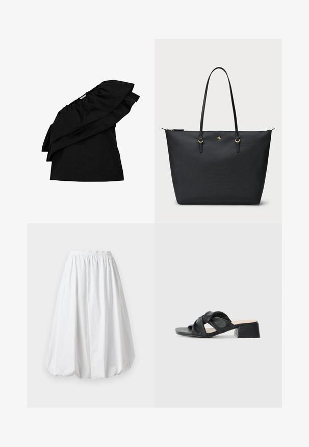 Object ONE-SHOULDER - Pluus - black; Valge, põlvepikkune seelik, millel on elastne vöökoht ja balloonikujuline lõige. Valmistatud kergest kangast, millel on sile tekstuur.; Must must nahkaking, millel on keerutatud ülemine disain, ruudukujuline varvas ja madal plokkkonts, millel on sile tekstuur ja minimalistlik stiil.; Mustmust kott, millel on reljeefne pind, tõmblukk ja kaks nahast käepidet. Omab kuldset riistvara ja diskreetset logo esiküljel.