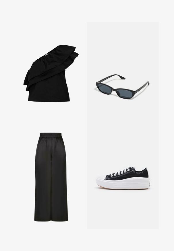 Object ONE-SHOULDER - Blusa - black; Pantalones negros de pierna ancha hechos de una tela suave y brillante, con una cinturilla elástica y sin bolsillos visibles ni detalles de metal.; Zapatillas de lona negras con cordones blancos, puntera de goma blanca y una suela blanca gruesa. Presenta costuras blancas sutiles y una suela de goma.; Gafas de sol de ojo de gato negras con lentes oscuros, montura de plástico, patillas delgadas y una marca sutil en el interior del brazo. Textura de acabado mate.