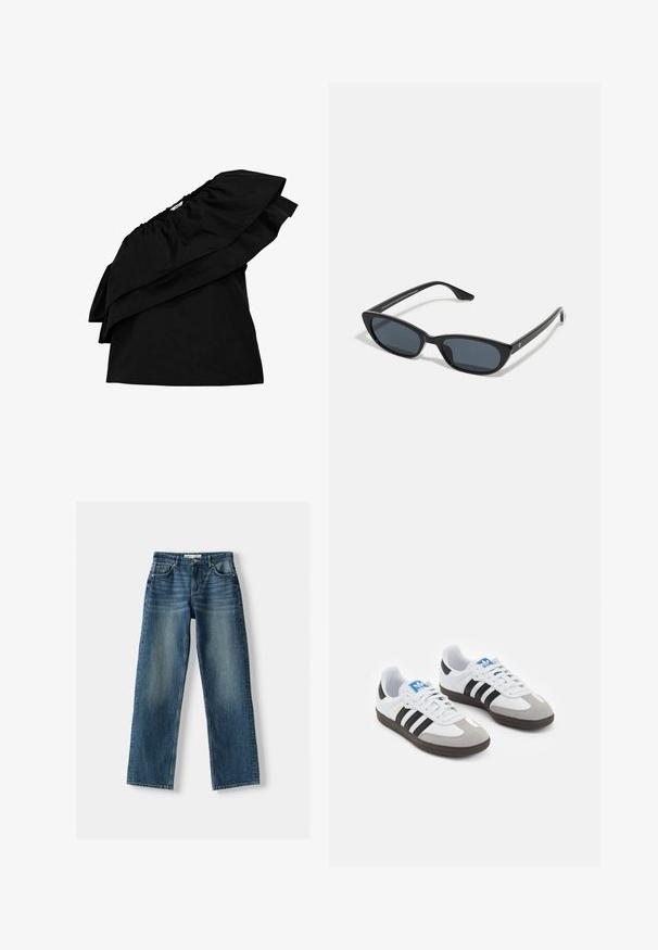 Object ONE-SHOULDER - Blouse - black; Blauwe denim jeans met een rechtlijnig design, knoopsluiting, vijf zakken en vervaagde gebieden. Het materiaal lijkt stevig met een gestructureerde afwerking.; Sportschoenen met een witte leren bovenkant, grijze suède neus en drie zwarte strepen. Bevat een blauw logo op de tong en een gestructureerde rubberen zool.; Zwarte cat-eye zonnebril met donkere lenzen, kunststof frame, slanke pootjes en subtiele branding op de binnenkant van de poot. Mat afgewerkte textuur.; Zwarte leren schoudertas met een gebogen vorm, enkele platte schouderband en een ritssluiting aan de bovenkant. Glad textuur met minimale hardware-details.