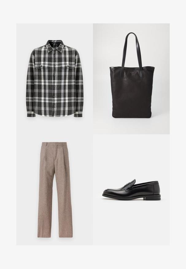 Črno-bela karirana flannelska srajca, dolgi rokavi, gumb na sprednji strani, dva žepa na prsih, mehak material, strukturiran ohlapni ovratnik, ravni rob.; Rjave hlače z visokim pasom, izdelane iz teksturirane tkanine. Imajo široke noge in dve sprednji pregibi za strukturo. Urejen zaključek brez vidne strojne opreme.; Črne usnjene loafer čevlje z gladko teksturo, zaobljenim nosom in dekorativnim trakom čez zgornji del. Nizka zložena peta, minimalističen dizajn.; Črna platnena torba s črnimi usnjenimi ročaji. Preprost dizajn, prostorna notranjost in gladka tekstura. Brez vidnih logotipov ali vzorcev.