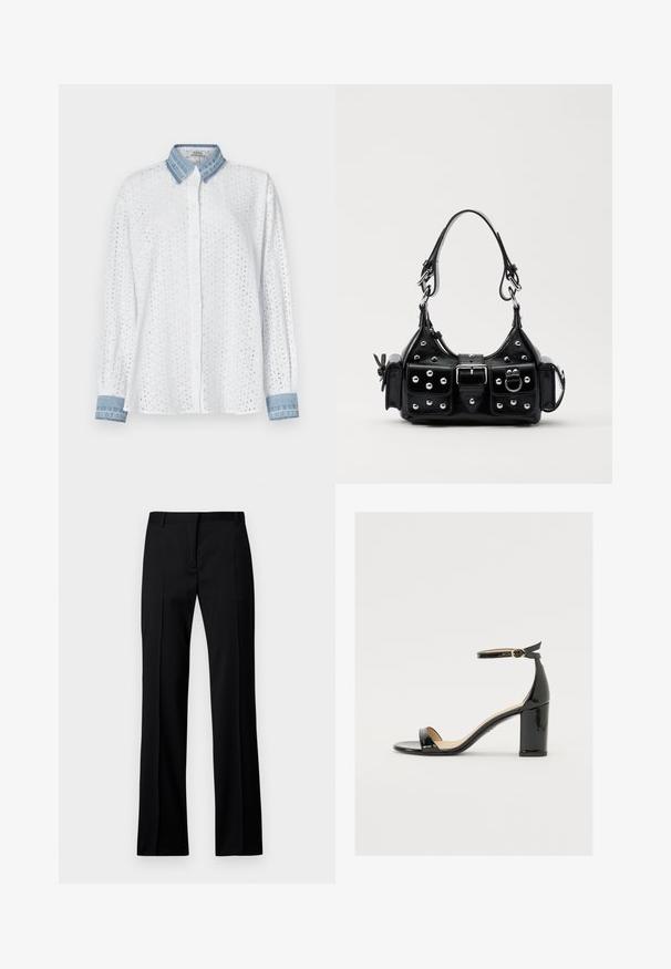Camisa branca de manga longa com padrão de ilhós e colarinho em denim. Frente com botões e punhos em denim; tecido leve, design casual.; Calças pretas de perna reta em tecido suave, com frente lisa, passantes para cinto e sem bolsos ou adornos visíveis.; Sandal de pele sintética preta com salto largo, ponta aberta e tira no tornozelo com fivela dourada. Textura suave e design elegante.; Bolsa de couro preta com um design curvado, apresentando tachas prateadas, uma fivela e dois bolsos laterais. Alça ajustável para opções de transporte.