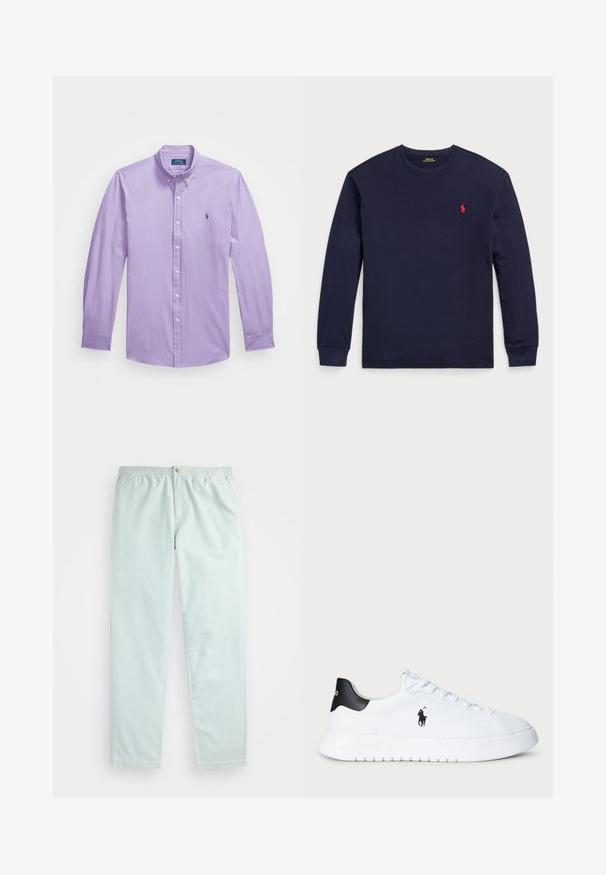 Camisa de mangas longas lilás com colarinho abotoado, feita de algodão, apresentando um pequeno logótipo bordado no lado esquerdo do peito.; T-shirt de manga longa azul marinho feito de algodão macio. Apresenta um decote redondo e um pequeno logótipo vermelho no lado esquerdo do peito. Textura suave em toda a peça.; Calças azul claro, de corte descontraído, com um cós elástico, apresentando bolsos laterais e um fecho de botão único na frente.; Sapatilhas brancas de cano baixo com tabuleiro de calcanhar preto e logótipo da Polo Ralph Lauren em preto na lateral, apresentando atacadores brancos e sola de borracha grossa.
