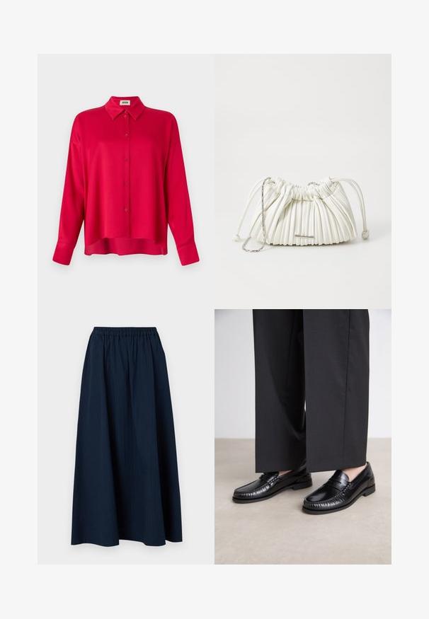 Rød skjorte med knapper og krave, lange ærmer og en afslappet pasform. Glat tekstur, ingen synlige mønstre eller detaljer.; Mørkeblå, lang nederdel lavet af tekstureret stof med elastisk talje og subtile lodrette striber.; Sorte læder loafers med en glat finish, syet detaljering omkring tæerne og en lav gummisål. Sammen med brede sorte bukser.; Hvid plisseret håndtaske lavet af blødt materiale. Har snøre lukning, flettede håndtag og en sølvfarvet hardware detalje.