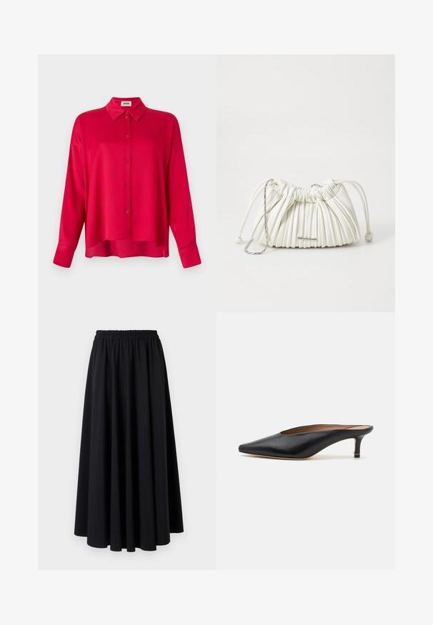 Rotes Button-Down-Hemd mit Kragen, langen Ärmeln und lockerer Passform. Glatte Textur, keine sichtbaren Muster oder Akzente.; Schwarzer, bodenlanger Rock aus weichem Stoff mit breitem, gerafftelastischem Bund und glattem, fließendem Design. Keine Muster oder Akzente.; Schwarze Leder-Mules mit spitzem Zehenbereich und niedrigem Blockabsatz. Glatte Textur mit elegantem Design. Offene Rückseite mit minimaler Gestaltung.; Weiße plissierte Handtasche aus weichem Material. Verfügt über einen Kordelzugverschluss, geflochtene Griffe und ein silberfarbenes Hardware-Detail.