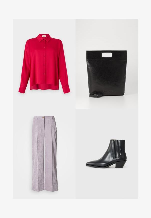 Red button-up shirt with a collared neck, long sleeves, and a relaxed fit. Smooth texture, no visible patterns or accents.; Light lavender corduroy trousers with a high waist, wide legs, and front pleats. Features a single button closure and stitched hem.; Black leather ankle boot with pointed toe, elastic side panels with vertical grooves, and a low block heel. Smooth texture and sleek design.; Black leather tote bag with a square handle, featuring a textured finish and embossed logo. Includes a detachable strap.