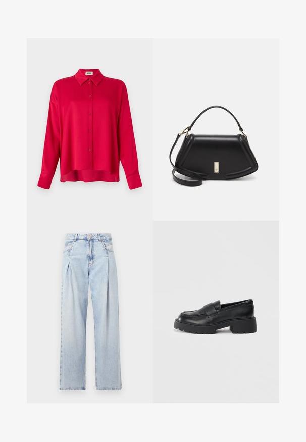Cămașă roșie cu nasturi, cu guler, mâneci lungi și o croială lejeră. Textură netedă, fără motive sau accente vizibile.; Jeans din denim albastru deschis cu talie înaltă, croială evazată, două buzunare laterale și un design pliat. Textură moale cu un finisaj decolorat.; Mocasiini din piele neagră, cu o finisare texturată, având o curea rectangulară peste partea superioară și un design chunky, cu talpă zimțată.; Geantă de umăr din piele neagră, cu un design structurat, având o formă tăiată, mânere superioare și accente din aur. Include o curea de umăr ajustabilă.