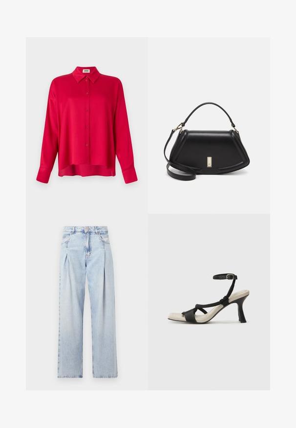 Camisa roja de botones con cuello, mangas largas y un corte relajado. Textura suave, sin patrones ni detalles visibles.; Jeans de mezclilla azul claros con cintura alta, corte de pierna ancha, dos bolsillos laterales y un diseño plisado. Textura suave con un acabado deslavado.; Sanda¡ía de tacón negro con diseño de tira trenzada, punta cuadrada y correa ajustable en el tobillo. Plantilla de color beige claro con un tacón negro brillante.; Bolso de mano de cuero negro con un diseño estructurado, que presenta una forma recortada, asa superior y acentos en dorado. Correa de hombro ajustable incluida.