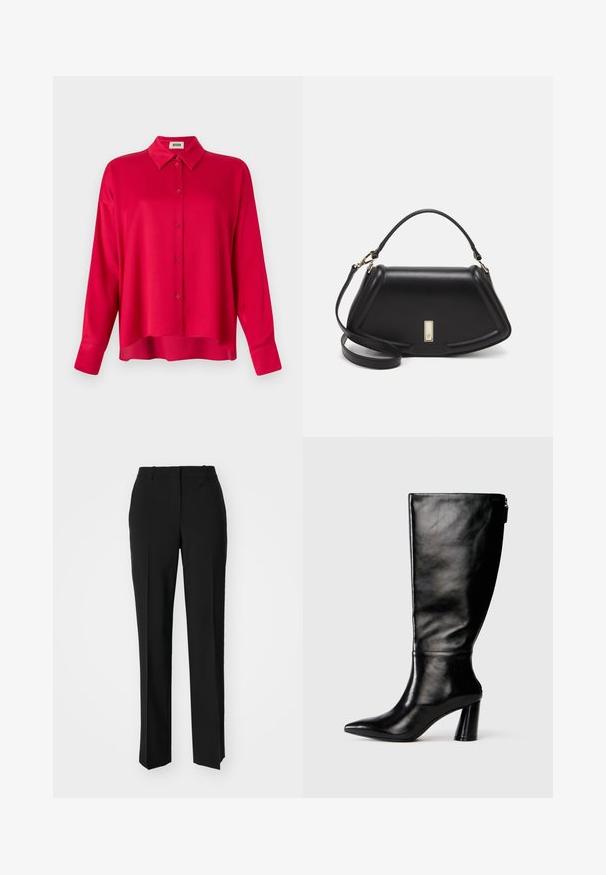 Röd skjorta med krage, lång ärm och avslappnad passform. Slät struktur, inga synliga mönster eller detaljer.; Svarta skräddarsydda byxor med rak benform, med en slät yta och skarpa veck fram. Ingen synlig hårdvara.; Knä-höga svarta läderstövlar med spetsig tå, slät yta och kraftig klack. Har en dragkedjedetalj på baksidan.; Svart läderhandväska med en strukturerad design, som har en avskuren form, ett handtag upptill och guldiga detaljer. Justerbar axelrem ingår.