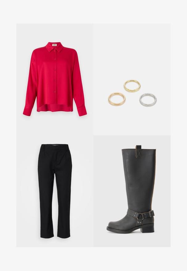 Červená košile na knoflíky s límečkem, dlouhými rukávy a pohodlným střihem. Hladký materiál, bez viditelných vzorů nebo akcentů.; Černé kalhoty z hladké tkaniny, s rovnými nohavicemi, předními sklady a elastickým pasem pro pohodlí. Bez viditelného kovového zapínání.; Černé kožené vysoké boty po kolena s texturovaným povrchem, které mají boční kovovou sponu a nízký podpatek. Podrobné šití podél švů.; Tři kovové prsteny: jeden růžově zlatý, jeden zlatý s texturovanými detaily a jeden stříbrný, všechny s vyrytým brandingem na vnitřním boku.