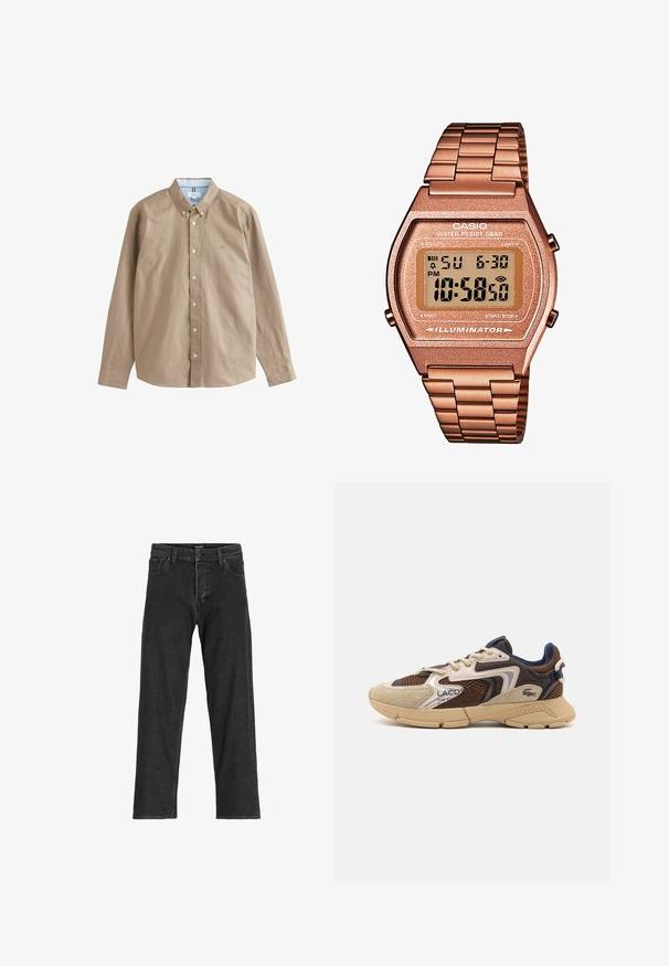 Långärmad skjorta med knappstängning i tan-färgad bomull. Har en krage, vita knappar och en liten logotyp på bröstet. Insidan har en blårandig accent.; Svarta denimjeans med rak passform, featuring dragkedja, bälteslöljer och sex fickor, tillverkade av en kraftig bomullsblandning.; Beige och bruna sneakers med texturerade meshpaneler, mockadetaljer och gummisulor. Har snörningsdesign och varumärkesdetaljer.; Digital Casio-klocka med armband i roséguld, rektangulärt hölje, belyst display och vattentålighet, som visar tid och datum.