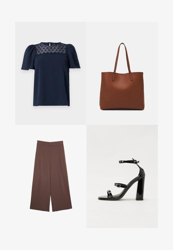 Helltaublauer Kurzarm-Top mit strukturiertem Oberteil und einem Spitzenbesatz am Kragen. Knopfverschluss hinten, leicht puffige Ärmel.; Braune Weite-Leg-Hosen mit einer glatten Textur, hoher Taille und Vorderfalten. Der Stoff ist leicht und fällt locker.; Schwarze patentierte Sandalen mit Absatz, quadratischer Spitze, Knöchelriemen und silbernen Schnallen. Mit einem stabilen Blockabsatz für mehr Stabilität.; Braune Leder-Tote mit glatter Textur, offenem Oberteil und zwei Schulterriemen. Verfügt über minimale Nähte und keine sichtbaren Beschläge.