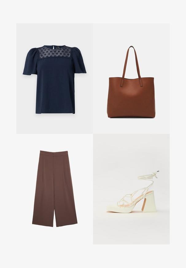 Námornícko modrý top s krátkym rukávom, textúrovaným telom a čipkovou panelou na výstrihu. Zapínanie na gombíky na chrbte, mierne nariasené rukávy.; Hnedé nohavice so širokými nohavicami a hladkou textúrou, s vysokým pásom a prednými skladmi. Tkanina je ľahká a voľne sa pohybuje.; Biele sandále na vysokom opätku s hrubým podpätkom, s pruhovaným dizajnom a viazaním na členku. Hladký povrch s platformou vpredu pre zvýšenú výšku.; Hnedá kožená taška na rameno s hladkou textúrou, otvoreným vrchom a dvoma ramenými popruhmi. Má minimálne šitia a žiadne viditeľné kovania.