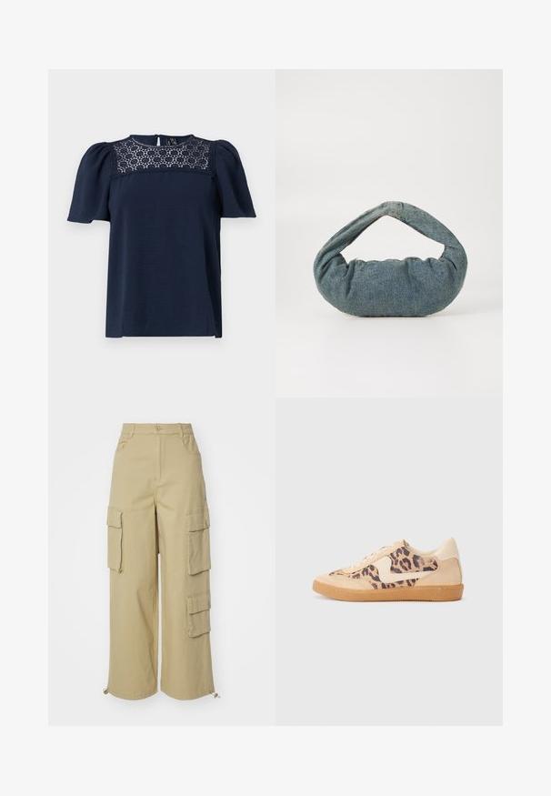 Marineblå kortærmet top med en struktureret krop og en blondepanel ved halsen. Lukning med knap bagpå, let puffede ærmer.; Beige cargo bukser med brede ben, to store sidelommer, lommer foran og snoretræk detalje ved kanten. Fabrik af bomuldsblanding.; Leopardprint sneakers med beige ruskindsoverdel, tan gummisål og hvide detaljer. Rund pegefinger og snørebåndsdesign med en tekstureret finish.; Blå denimtaske med en polstret, rund form og et buet håndtag. Teksturen er blød med synlige syninger og en glat finish.