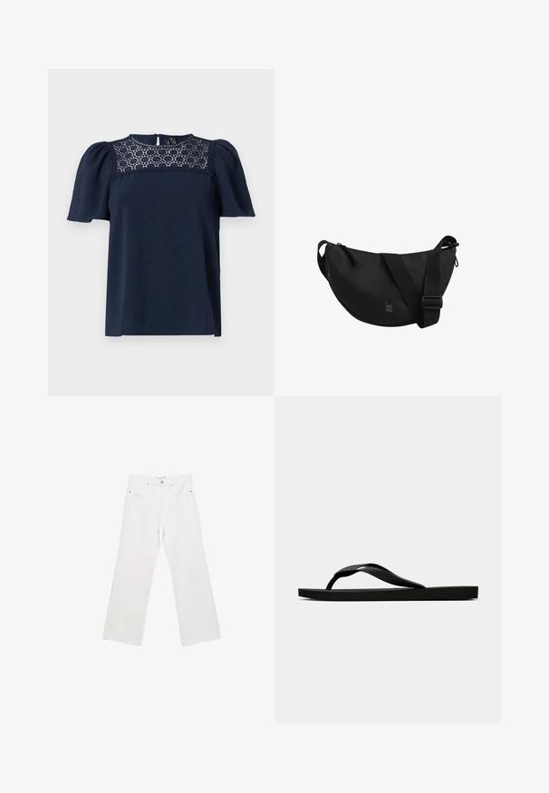 Navyblauw T-shirt met korte mouwen, een textuur op het lichaam en een kanten paneel bij de halslijn. Sluiting met knopen aan de achterkant, licht gepofte mouwen.; Witte denim wijde broek met een klassiek vijf-pocket ontwerp, metalen hardware en contrasterende stiksels. Soepele textuur en een relaxte pasvorm.; Zwarte rubberen flip-flop sandaal met een getextureerde strap en een eenvoudige platte zool, zijaanzicht op een effen lichte achtergrond.; Zwarte schoudertas met een gebogen vorm, gemaakt van duurzaam materiaal. Voorzien van een brede, verstelbare schouderband en een subtiel logo op de voorkant.
