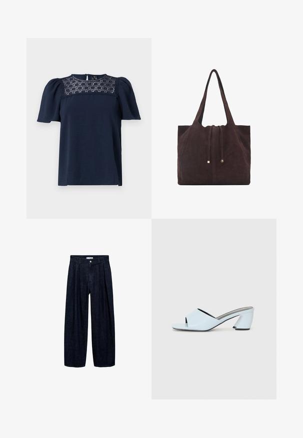 Tamno plava majica s kratkim rukavima s teksturiranim tijelom i čipkastim panelom na izrezu. Zaključavanje dugmetom pozadi, blago napuhani rukavi.; Tamno plave široke hlače s plisama na struku, s prednji gumbom i petljama za remen. Glatka tekstura i dizajn punih dužina.; Svijetloplave sandale na visoku petu s otvorenim prstima, s geometrijskim dizajnom, koje imaju široku traku preko stopala i debelu, kutnu petu.; Mango Velika torba - dark brown