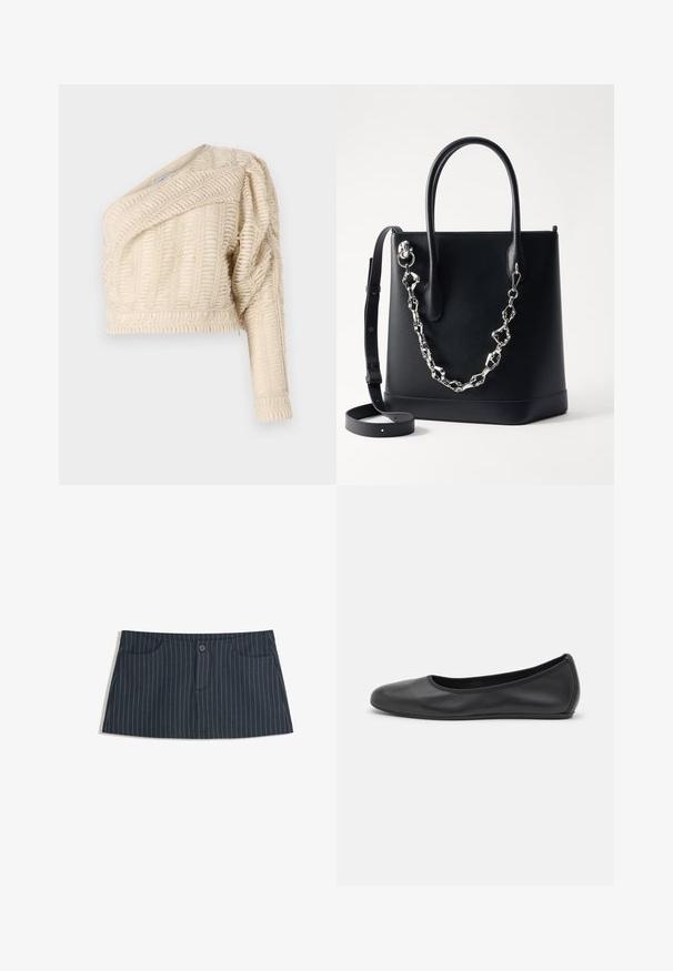 Crème textured cropjack met een diagonale halslijn, pofmouwen en een geweven bladerenpatroon, met een geribde onderrand.; Marineblauwe minirok met een streeppatroon, voorzien van voorzakken en een enkele knoopsluiting in de taille.; Zwarte leren ballerina met een ronde neus, gladde textuur, minimale stikdetails en een flexibele zoolontwerp.; Zwarte lederen tote bag met een gestructureerd ontwerp, voorzien van een zilveren kettingaccent en dubbele handgrepen. Inclusief een afneembare leren schouderriem.