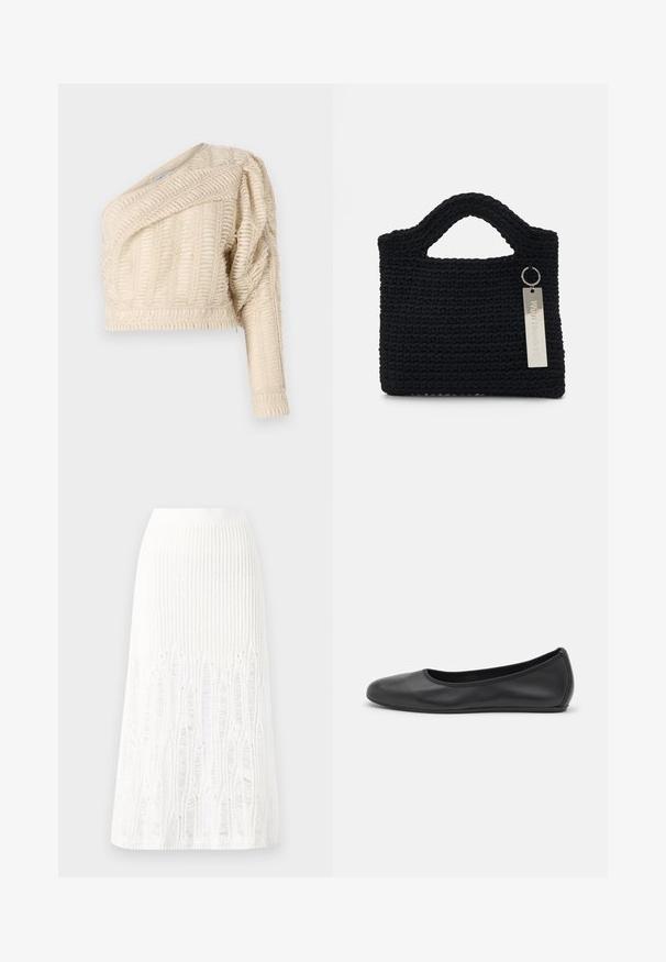 Cremfarbener, strukturierter Crop-Jacke mit schrägem Ausschnitt, puffierten Ärmeln und gewebtem Blattmuster, ausgestattet mit einem gerippten Saum.; Gestreifte weiße Midi-Rock aus Strick mit einem strukturierten Muster und Ausschnitten am Saum. Elastischer Bund. Weiches Material.; Schwarze Leder-Ballettschuhe mit abgerundeter Spitze, glatter Textur, minimalen Nähdetails und einem flexiblen Sohlen-Design.; Won Hundred MARSIELLE COMPUTER BAG UNISEX - Notebooktasche - black