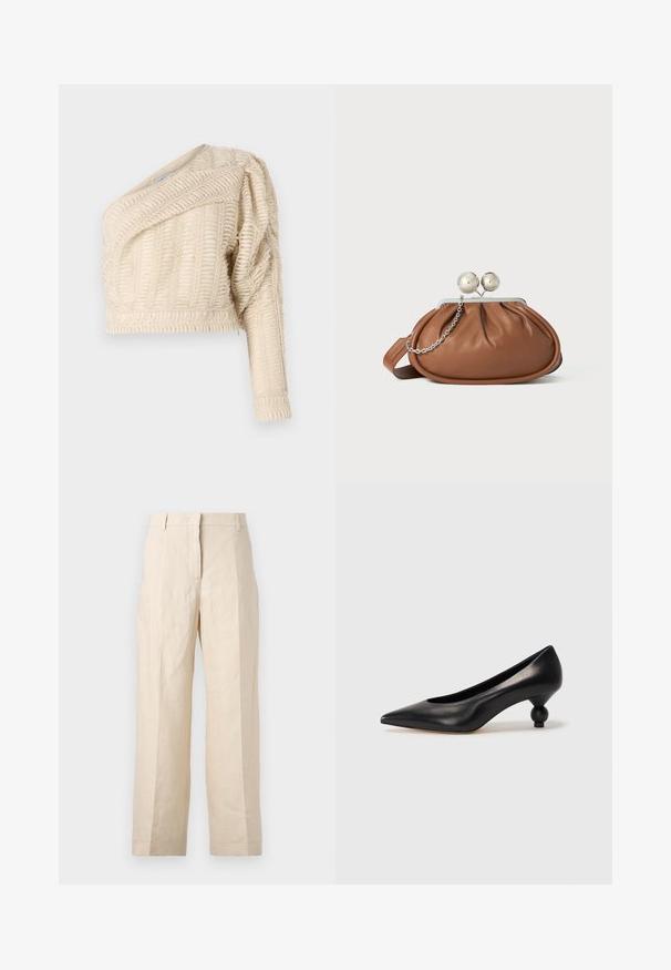 Kremkrāsas auduma cropsjakete ar diagonālu dekoltē, puffētiem piedurknēm un austiem lapu rakstiem, ar ribinātu apakšmalu.; Bežīgas lina bikses ar brīvu piegriezumu, krokām priekšā un taisnām kājām. Piedāvā jostu ar cilpiņām un bez redzamām kabatām.; Melnas ādas augstpapēžu kurpes ar smailu purngalu un apaļu papēdi. Gluda tekstūra ar elegantu, minimālistisku dizainu.; Brūna ādas clutch soma ar sudraba poga aizdari un nelielu sudraba ķēdes detaļu uz baltā fona.
