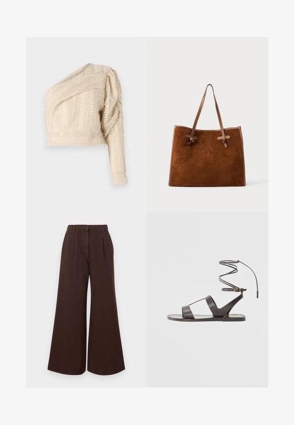 Giacca corta in crema con texture, collo diagonale, maniche a sbuffo e motivo a foglie tessuto, con orlo a coste.; Pantaloni brown a vita alta e gamba larga con chiusura a bottoni e cerniera, passanti per cintura e pieghe frontali.; Sandal in pelle marrone con suola piatta, caratterizzato da un design minimalista, cinturino curvo per la caviglia e numerosi ritagli per la traspirabilità.; Borsa a tracolla in suede marrone con due manici in pelle, forma piatta, dettagli cuciti e nodo decorativo sui lati. Senza chiusure visibili.