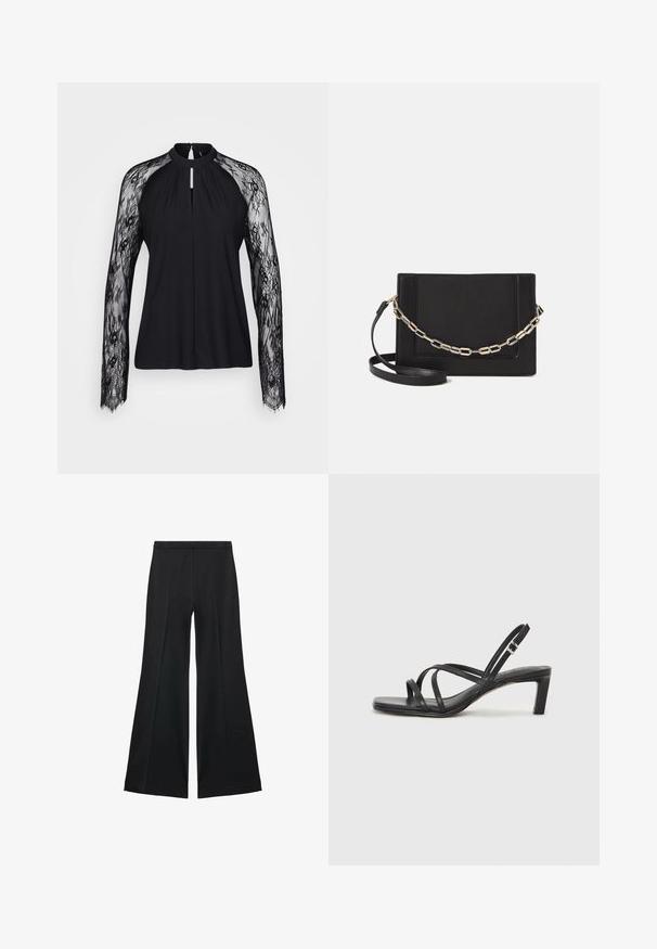 Schwarze Bluse mit langen Spitzenärmeln, hohem Kragen und Schlitz-Detail vorne. Der glatte Stoff des Körpers kontrastiert mit der filigranen Spitze.; Schwarze weit geschnittene Hose mit glatter Textur, ausgestattet mit Frontfalten und einem taillierten Design. Der Stoff ist leicht und fließend.; Schwarze Sandale mit Riemchen, quadratischer Zehenform und niedrigem Blockabsatz. Verfügt über mehrere dünne Riemen und einen verstellbaren Knöchelriemen. Hergestellt aus glattem Leder.; Schwarze Leder-Crossbody-Tasche mit glatter Textur, rechteckiger Form und metallic-kettendetail auf der Vorderseite. Verstellbarer Gurt inklusive.