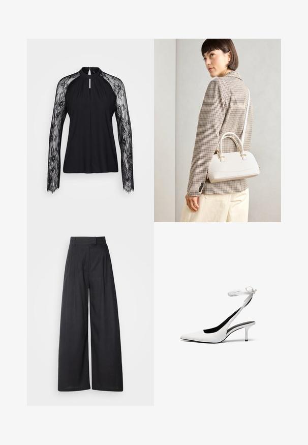 Black blouse with long lace sleeves, high neckline, and keyhole detail at the front. Smooth body fabric contrasts with intricate lace texture.; Dark, wide-leg trousers with a structured waistband and pleats. Made of lightweight fabric, featuring a smooth texture and no visible patterns.; White pointed-toe slingback heels with a thin ankle strap. Smooth leather material, thin stiletto heel, and a black interior lining.; White structured handbag with short handles and a shoulder strap, featuring gold hardware accents and textured material, displayed against a grey background.