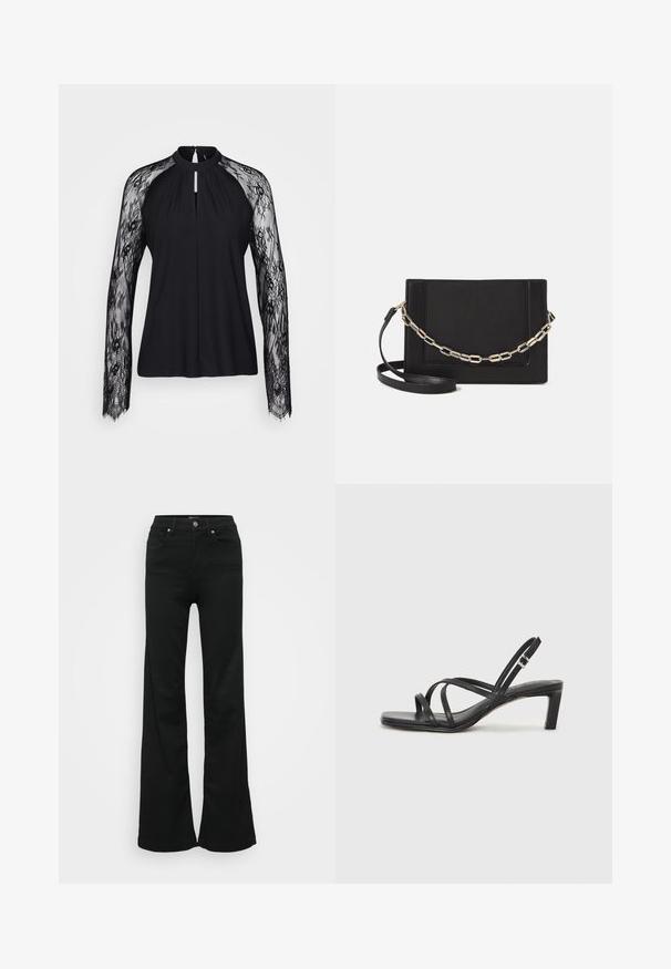 Black blouse with long lace sleeves, high neckline, and keyhole detail at the front. Smooth body fabric contrasts with intricate lace texture.; Black flared jeans made from denim, featuring a high waist, five pockets, and metal button closure. Smooth texture with minimal detailing.; Black strappy sandal with a square toe and a low block heel. Features multiple thin straps and an adjustable ankle strap. Made of smooth leather.; Black leather crossbody bag featuring a smooth texture, rectangular shape, and a metallic chain detail on the front. Adjustable strap included.; Silver double-band ring with a smooth, polished surface. Features a fluid, curved design with overlapping sections for a modern look.