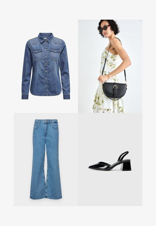 Denim srajca v temno modri barvi, z ovratnikom, dolgimi rokavi, dvema žepoma na prsih in kontrastnimi šivi.; Svetlo modri razširjeni džins hlače iz denima, z visokim pasom, petimi žepi in enim gumbom za zapiranje. Mehka tekstura z blagim zbledelim videzom.; Črne lakirane slingback pete s koničastim nosom in geometrijsko blokasto peto. Imajo eleganten, minimalističen dizajn in gladko teksturo.; Črna usnjena torbica s ukrivljeno obliko, z odstranljivo naramnico in zlatimi dodatki. Torbica ima pokrov s podrobnostmi v obliki zaponke.