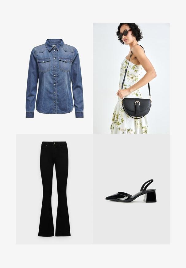 Denim shirt in dark blue, featuring a collared neck, long sleeves, double chest pockets, and contrasting stitching details.; Black high-waist jeans with a button and zip closure, front pockets, and flared legs laid flat on a white background.; Black patent leather slingback heels with a pointed toe and a geometric block heel. Features a sleek, minimal design and smooth texture.; Black leather handbag with a curved shape, detachable strap, and gold hardware. The bag features a flap with a buckle detail.