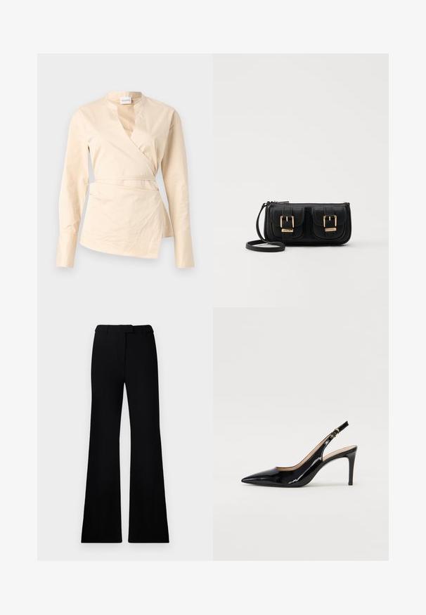 Beige wrap shirt made from cotton, featuring long sleeves, a deep V-neck, and a side tie detail for shape and structure.; Black flared pants featuring a smooth texture, tailored waistband, and front pockets, designed with a sleek, modern silhouette.; Black patent leather slingback pump with pointed toe, slim heel, and a subtle cutout design. Features a gold buckle on the strap.; Black leather crossbody bag with two front pockets, gold buckles, zipper closure, and a slim strap. Textured surface and compact rectangular shape.