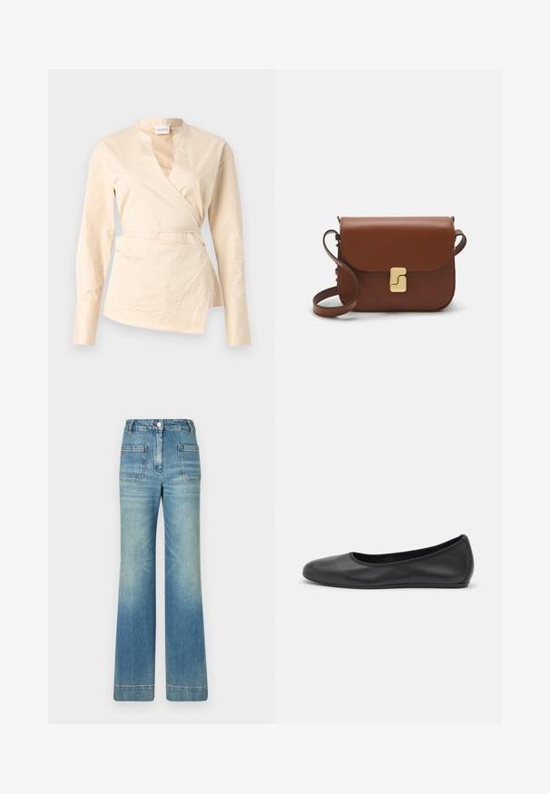 Beige käärittävä paita, joka on valmistettu puuvillasta. Siinä on pitkät hihat, syvä V-kaula-aukko ja sivusiteet, jotka antavat muotoa ja rakenteellista ilmettä.; Vaaleansiniset farkut leveällä lahkeella, joissa on viisi taskua, vyölenkit, nappisulku ja hieman haalistunut pinta, sekä punainen logotyyppitys takana.; Musta nahkainen ballerina, jossa on pyöristetty kärki, sileä pinta, minimaalinen ommelkoristelu ja joustava pohjamuotoilu.; Ruskea nahkainen käsilaukku, jossa on läppäkiinnitys, kultasävyiset yksityiskohdat, olkahihna ja sileä pinta. Kompaktin suorakaiteen muotoinen.