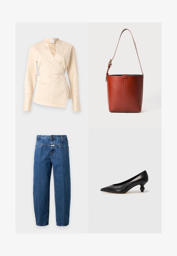 Beige wrap shirt made from cotton, featuring long sleeves, a deep V-neck, and a side tie detail for shape and structure.; Denim jeans in dark blue, featuring a relaxed fit, five-pocket design, stitched seams, and a button closure at the waistband.; Black leather high heel shoe with a pointed toe and a round, balled heel. Smooth texture with a sleek, minimal design.; Brown leather bucket bag with adjustable shoulder strap and gold-tone buckle, simple vertical seam detail on front.